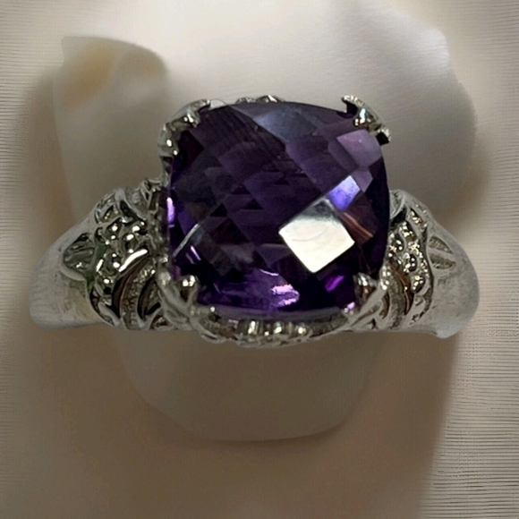 Designer Genuine African Amethyst Cushion Cut Honeycomb Faceted Ring